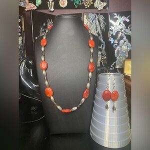 Handmade coral and Smokey quartz silver tone necklace and earrings